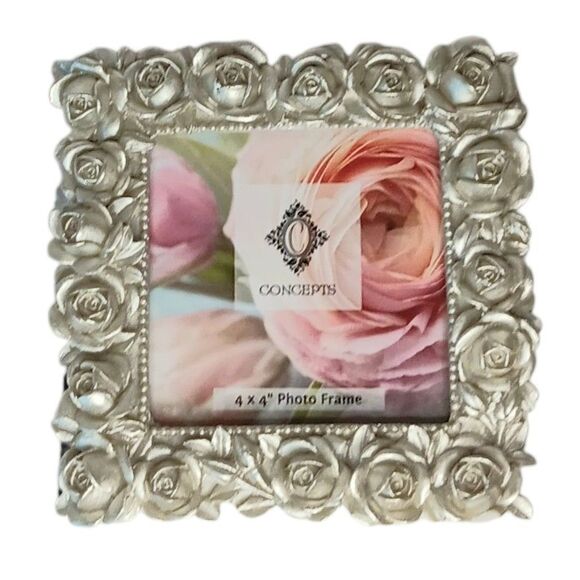 Square Silver Floral Roses Tabletop Frame By Concepts 5.5x5.5 Photo Size 4x4 - Picture 1 of 13